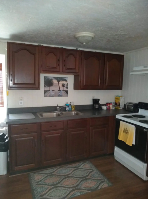 A cozy kitchen with wooden cabinets, a sink, stove, and a small rug, featuring a palm tree picture on the wall.