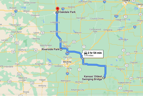 Map showing a route from Oakdale Park to Riverside Park, highlighting Kansas' Oldest Swinging Bridge, 174 miles, 2 hr 54 min.