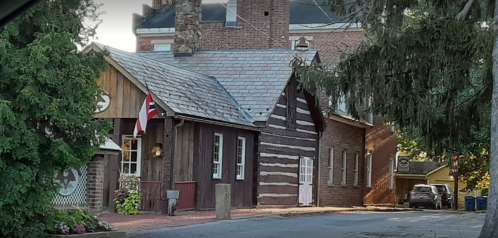 A rustic wooden building with a flag, surrounded by greenery and a quiet street.