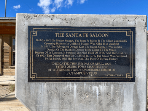 Plaque commemorating the Santa Fe Saloon's history in Goldfield, Nevada, dedicated on April 24, 2015.