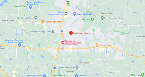 Map showing the location of Pie Bar in Woodstock, with nearby landmarks and roads highlighted.