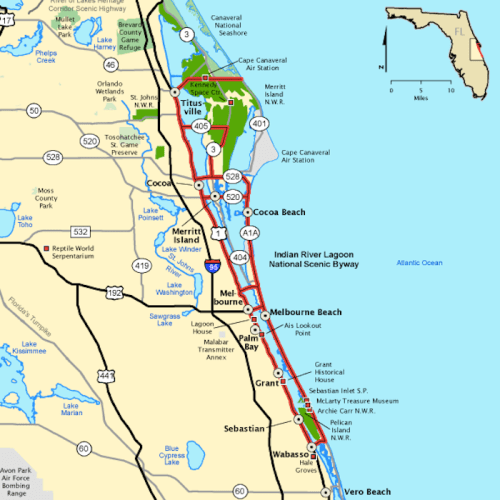 Map of the Florida Space Coast, highlighting routes, towns, and natural areas along the Indian River Lagoon.