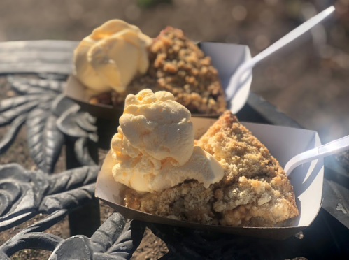 Two slices of pie topped with scoops of ice cream, served in paper trays on a decorative table.