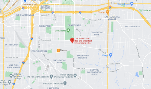 Map showing the location of The Social Goat Bed and Breakfast near Zoo Atlanta and surrounding neighborhoods.