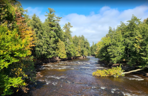 A serene river flows through a lush forest with vibrant autumn foliage under a partly cloudy sky.