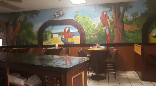 A colorful mural of parrots in a tropical setting adorns the wall of a restaurant with empty tables and chairs.