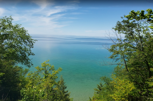 A serene view of a calm blue lake surrounded by lush green trees under a clear sky.