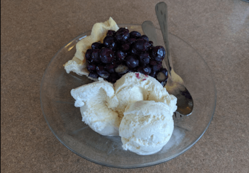 A glass plate with two scoops of vanilla ice cream topped with fresh blueberries. Two spoons are beside the plate.