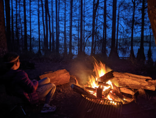A person sits by a campfire in a forest at dusk, surrounded by trees and a calm lake in the background.