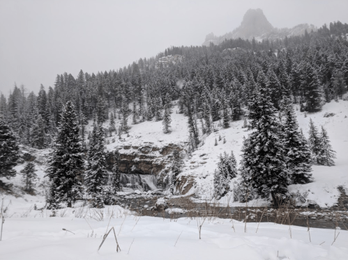 A snowy landscape featuring a waterfall surrounded by evergreen trees and mountains in the background.