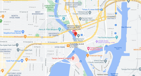 Map of downtown Tampa, highlighting key locations like the University of Tampa, the Florida Aquarium, and nearby roads.