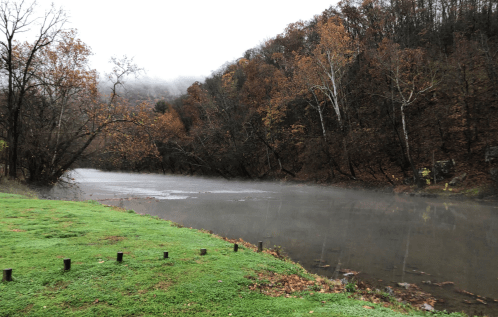 A misty river surrounded by autumn trees, with a grassy bank in the foreground and fog covering the hills.