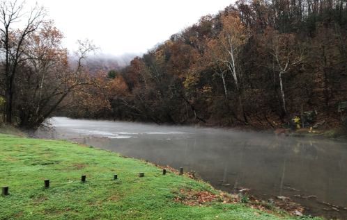 A misty river surrounded by autumn trees, with a grassy bank in the foreground and fog covering the hills.