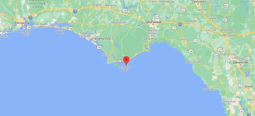 Map showing the location of St. George Island in Florida, marked with a red pin.