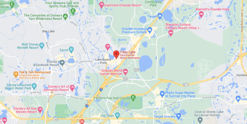 Map showing the area around Lake Buena Vista, Florida, including Disney World and nearby resorts.
