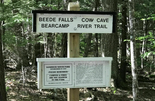 Signpost in a forest indicating trails to Beede Falls, Cow Cave, and Bearcamp River, with park rules below.