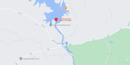 Map showing Lloyd Shoals Dam with marked public access, nearby landmarks, and surrounding roads.