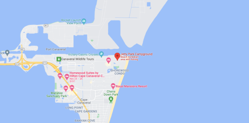 Map showing Jetty Park Campground near Cape Canaveral, with nearby attractions and accommodations marked.