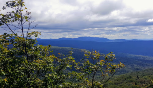 A scenic view of rolling mountains under a cloudy sky, framed by green foliage in the foreground.