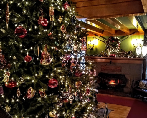 A beautifully decorated Christmas tree with ornaments and lights, next to a cozy fireplace in a festive room.