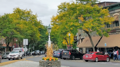 A charming street scene with autumn trees, parked cars, and a decorative pumpkin display near a storefront.