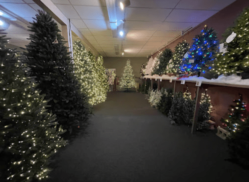 A festive display of various Christmas trees, some adorned with colorful lights, in a well-lit store aisle.