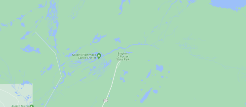 Map showing Stephen C. Foster State Park and surrounding areas, with water bodies and roads indicated.