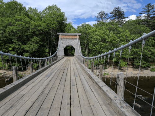A wooden suspension bridge surrounded by lush green trees under a blue sky.