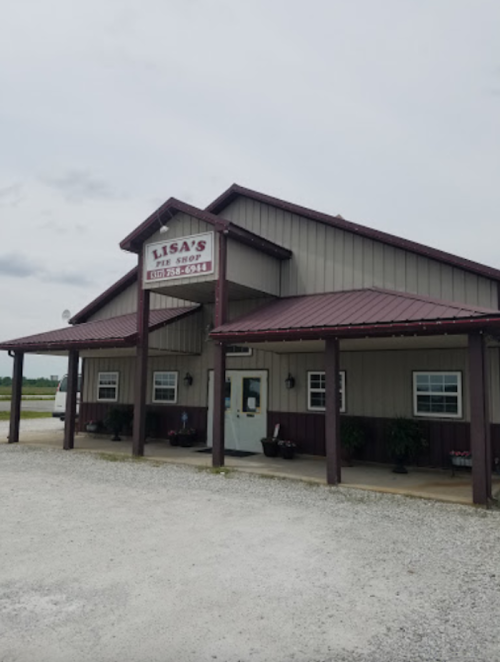 A one-story building with a sign reading "Lisa's Vet Shop," featuring a red roof and gravel parking area.