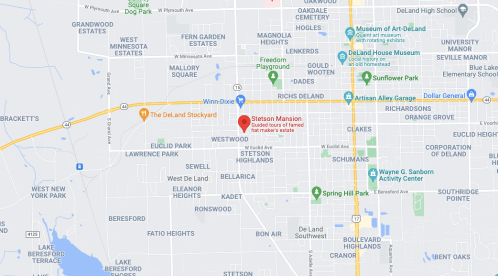 Map showing the location of Stetson Mansion in DeLand, Florida, with nearby streets and landmarks.