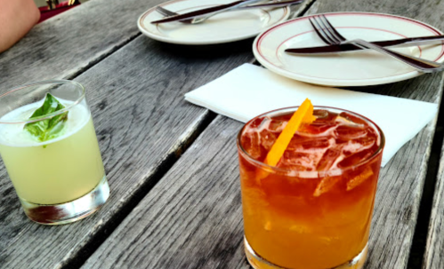 Two cocktails on a wooden table: one clear with a basil leaf, the other amber with an orange slice. Plates and utensils nearby.