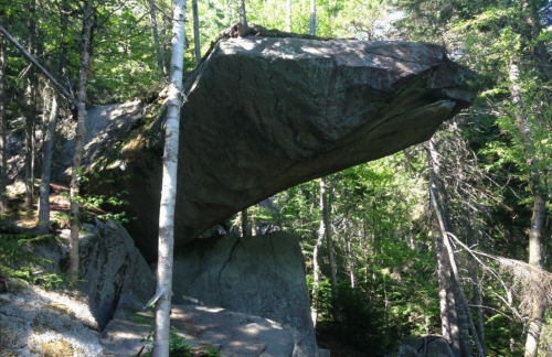 A large, flat rock balanced on a smaller rock, surrounded by trees in a forested area.