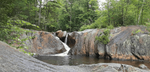 A serene landscape featuring a small waterfall cascading over rocky terrain, surrounded by lush green trees.