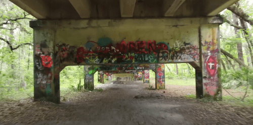 Colorful graffiti covers the concrete pillars and walls of an abandoned underpass, surrounded by lush greenery.