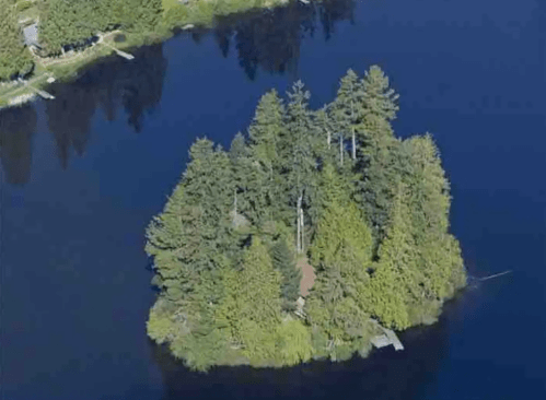 Aerial view of a small island surrounded by dark blue water, covered in lush green trees.