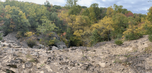 A rocky landscape with vibrant autumn foliage on the surrounding trees under a cloudy sky.