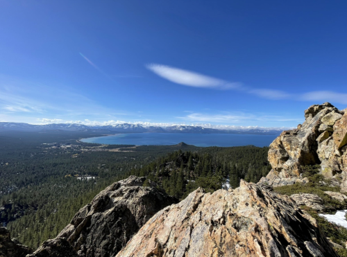 A panoramic view of a lake surrounded by mountains, with rocky foreground and clear blue skies.