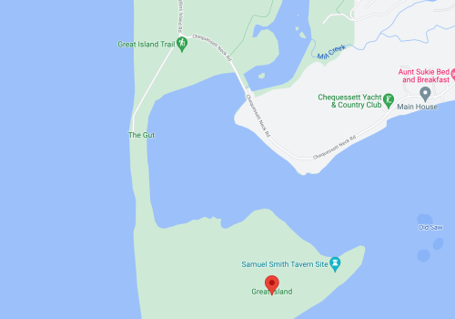 Map showing Great Island, Great Island Trail, and nearby landmarks like Chequessett Yacht & Country Club.