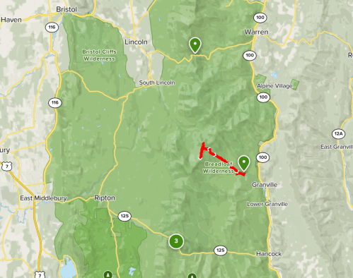Map showing the Breadloaf Wilderness area in Vermont, with marked locations and trails highlighted in red.