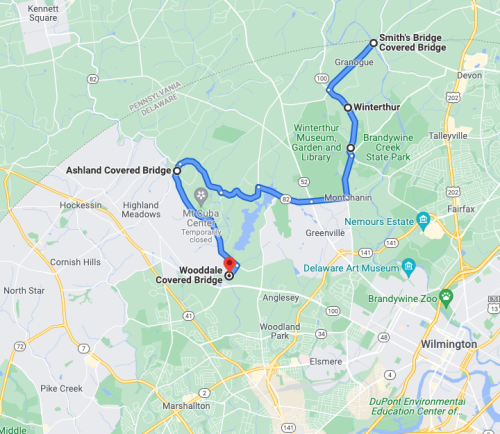 Map showing a route connecting Ashland Covered Bridge, Wooddale Covered Bridge, Smith's Bridge, and Winterthur.
