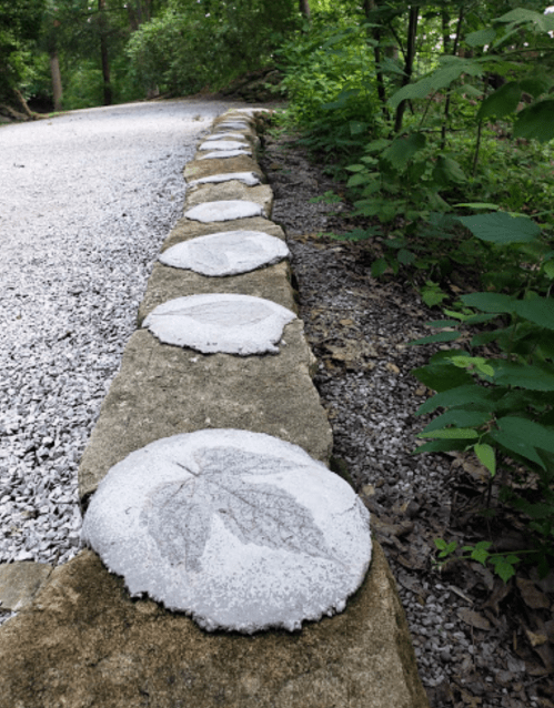 A pathway lined with circular stone slabs featuring leaf imprints, surrounded by greenery and gravel.