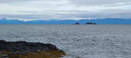 A rocky shoreline with calm waters, distant islands, and mountains under a cloudy sky.