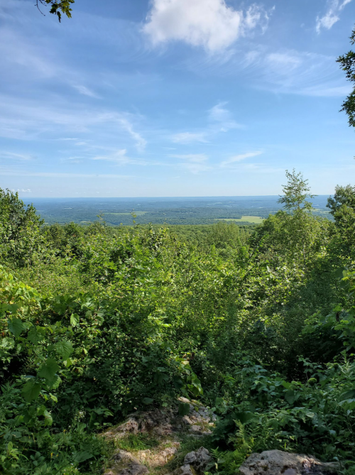 A scenic view from a hilltop, showcasing lush greenery and a vast landscape under a blue sky with scattered clouds.