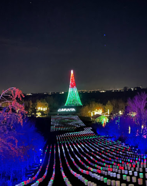 A brightly lit Christmas tree made of lights towers over a field of colorful illuminated lanterns at night.