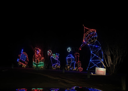 Colorful holiday light displays featuring a bear, train, and snowman against a dark night sky.