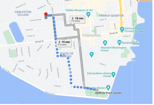 Map showing a route from Harleston Village to White Point Garden in Charleston, with estimated time and distance.