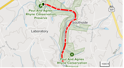 Map showing the route through Paul and Agnes Rhyne Conservation Preserve, with marked locations and paths.