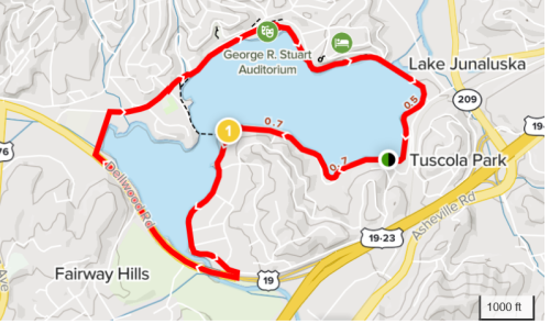 Map showing a route around Lake Junaluska, highlighting distances and key locations like Tuscola Park and Fairway Hills.