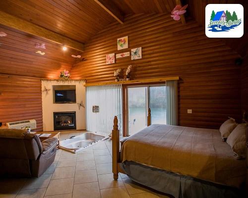 Cozy cabin interior with a bed, fireplace, and large windows overlooking nature. Warm wooden walls and soft lighting.