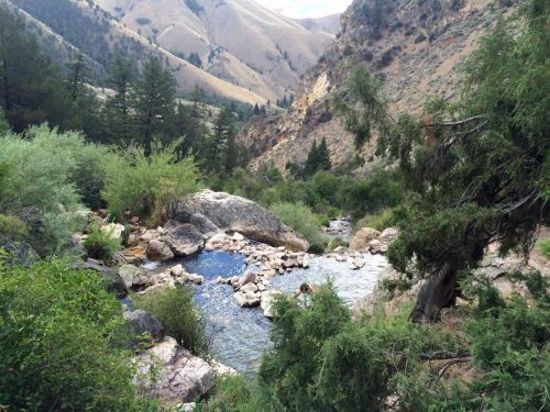 A serene landscape featuring a flowing river surrounded by lush greenery and rocky terrain, set against mountainous hills.
